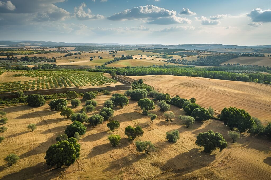 Vista aerea del Alentejo, Portugal, con sus campos y olivares