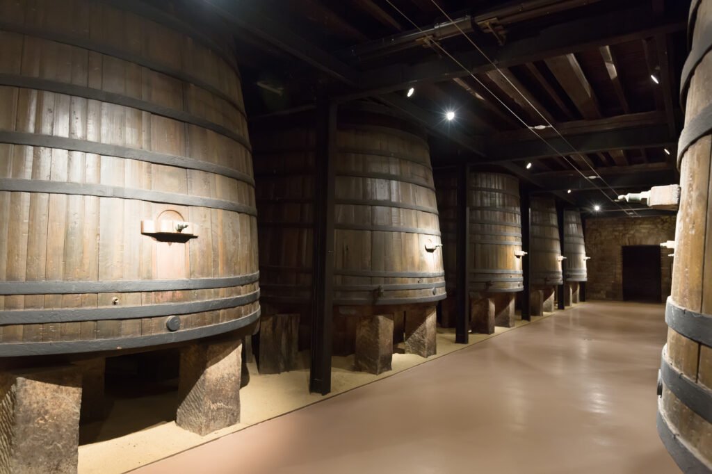 Barricas de vino en una antigua bodega portuguesa